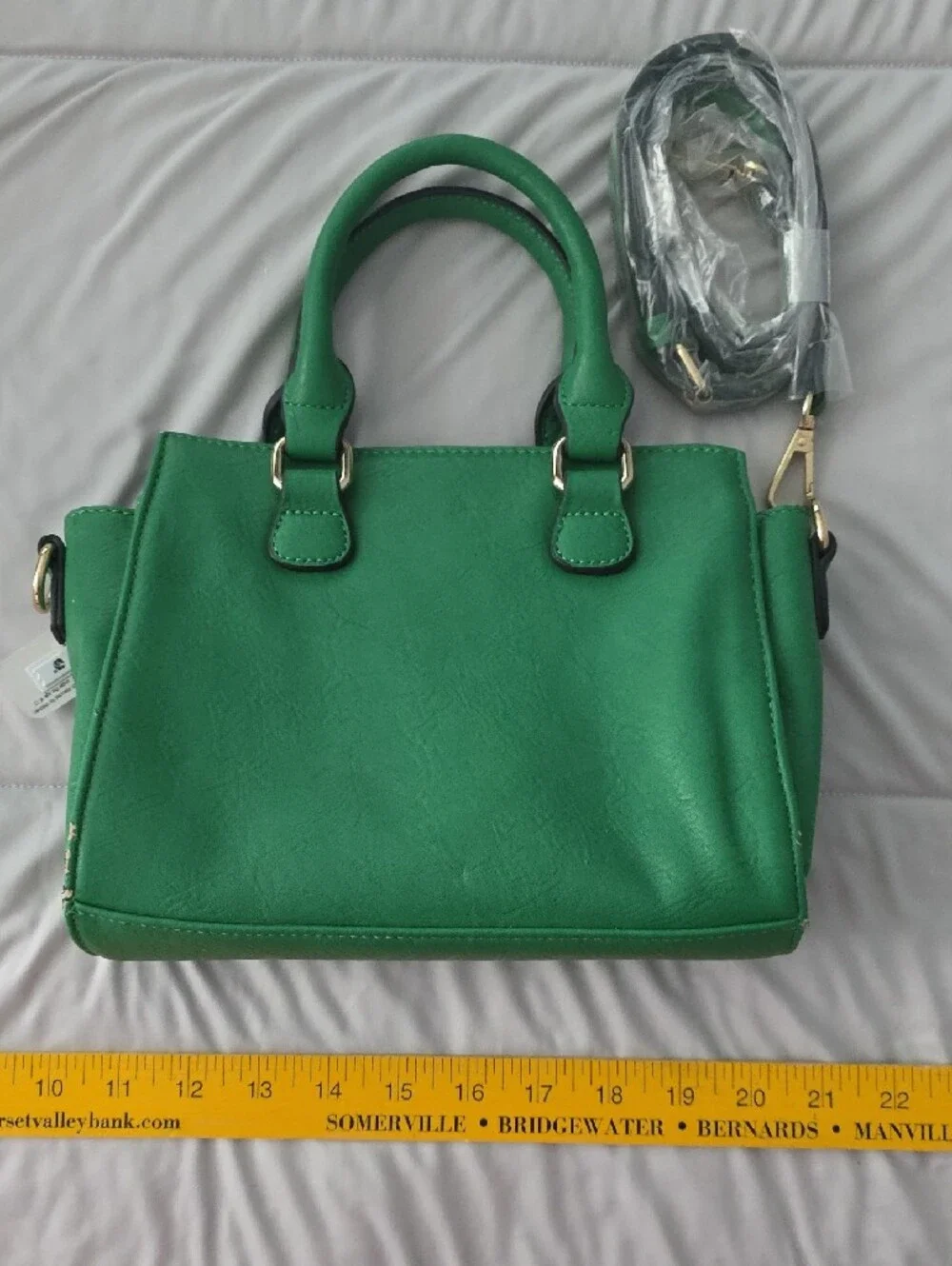 Green Structured Top-Handle Satchel with Gold Turn-Lock